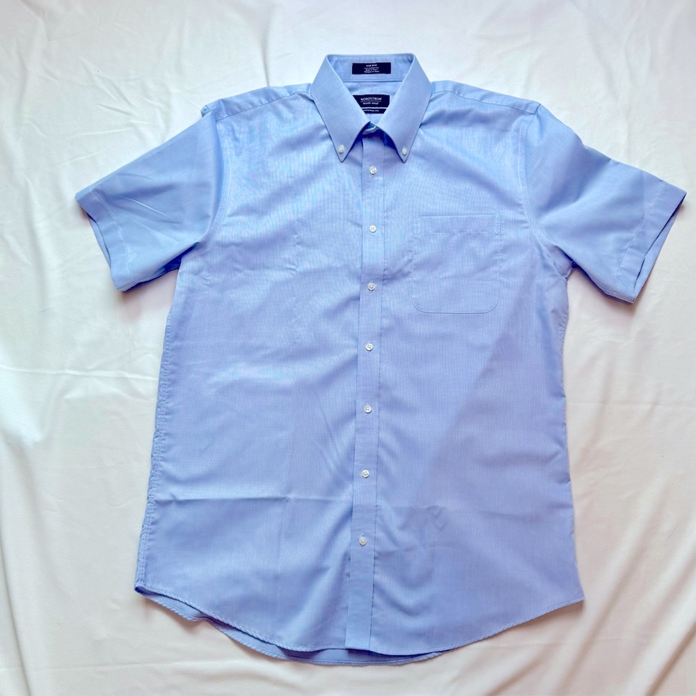 Nordstrom Men's Dress Shirt Short Sleeve Button Down 100% Cotton Blue Size 16
